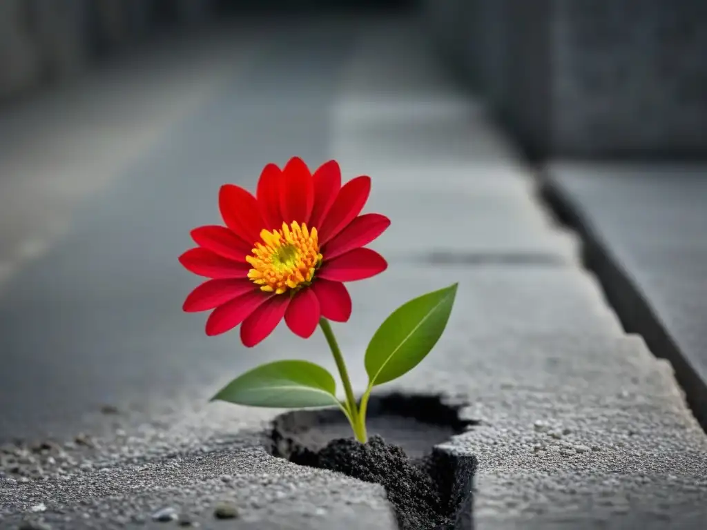 Una flor delicada emerge de una grieta en el concreto, simbolizando historias de superación a través de la belleza