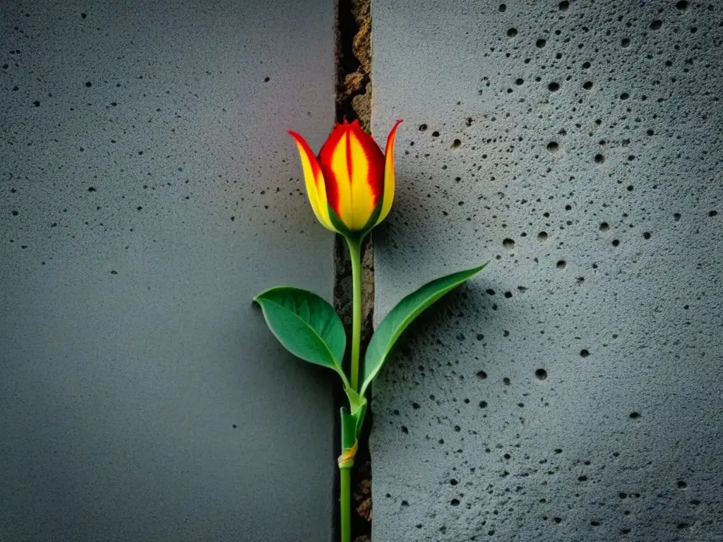 Flor delicada emergiendo de grieta en muro de concreto, simbolizando la fuerza transformadora de la poesía ante crisis climática