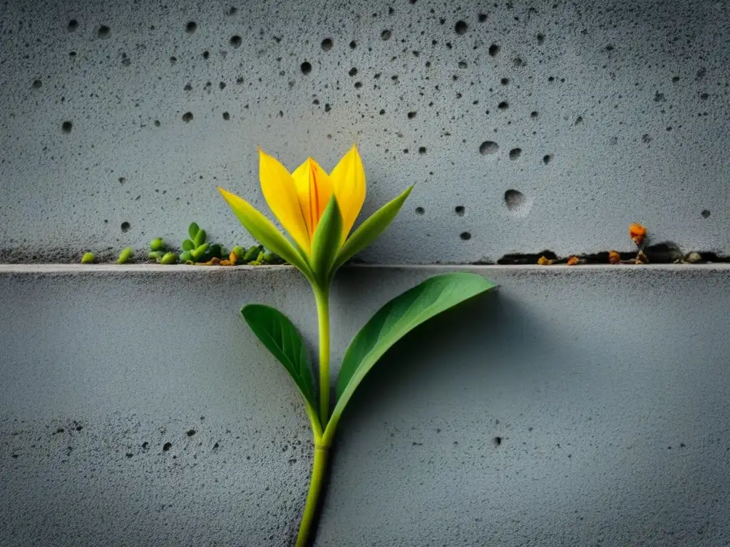 Una flor delicada emerge de una grieta en la pared de concreto, representando la resistencia y belleza de la naturaleza