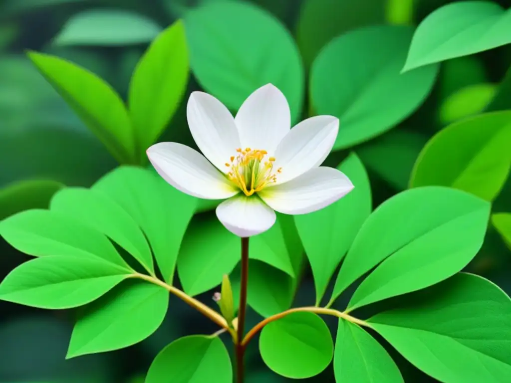 Una flor delicada florece entre hojas verdes, simbolizando crecimiento y armonía