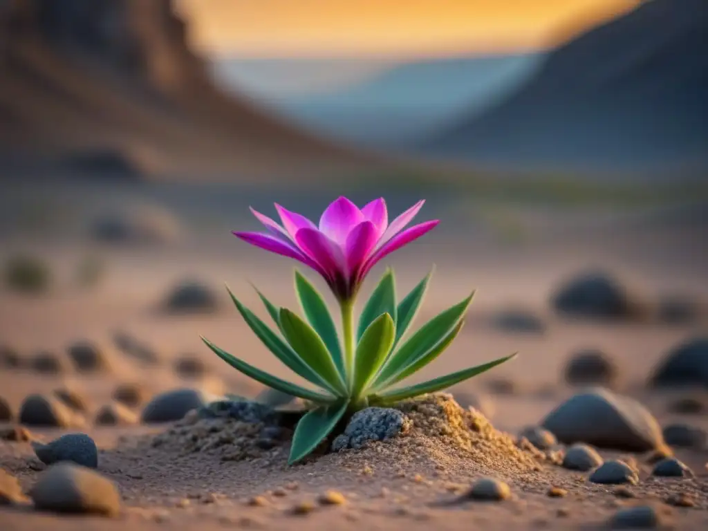 Una flor delicada florece en un paisaje desértico rocoso, mostrando la belleza y resiliencia de la naturaleza en ambientes hostiles con el poder transformador de la poesía