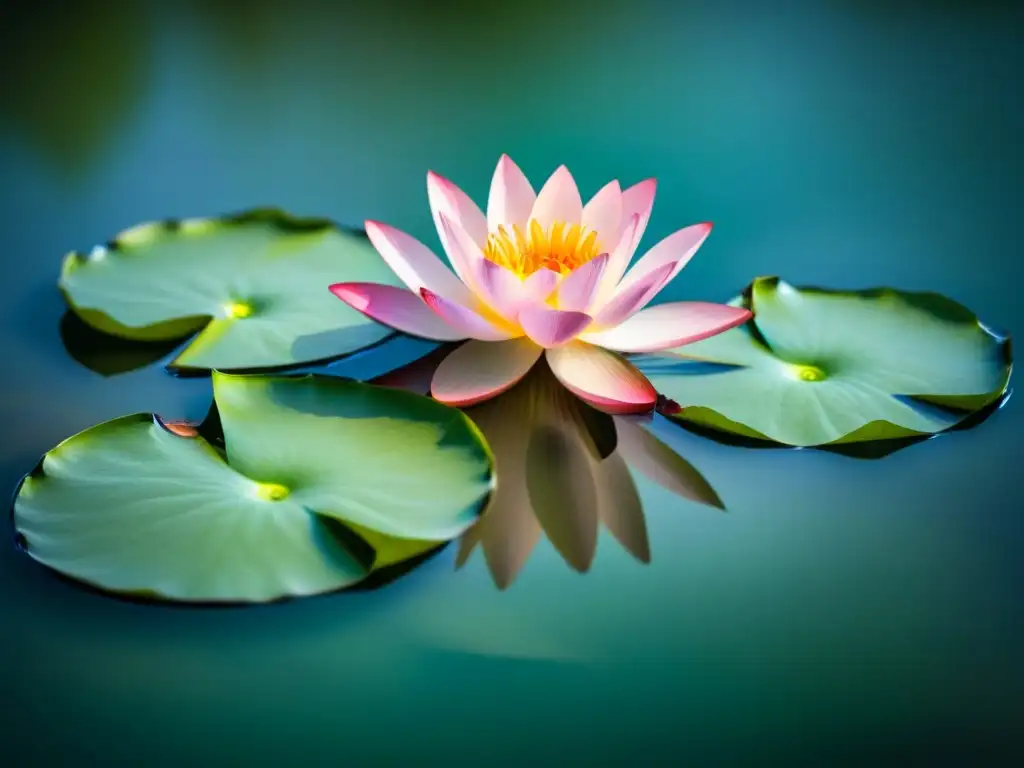 Una flor de loto en floración flota en agua calmada, simbolizando pureza y tranquilidad Zen en la poesía