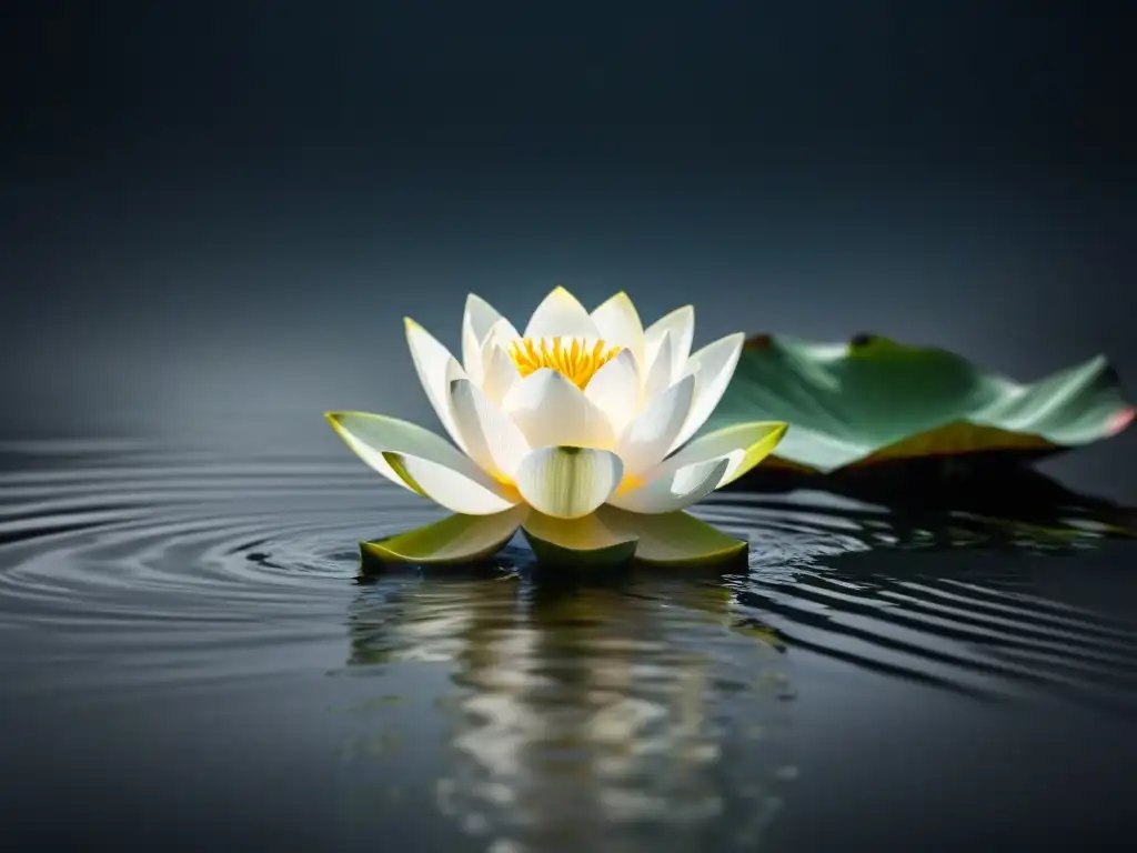 Flor de loto blanca: símbolo de pureza y transformación Flor de loto blanca emergiendo de agua oscura, simbolizando crecimiento y pureza