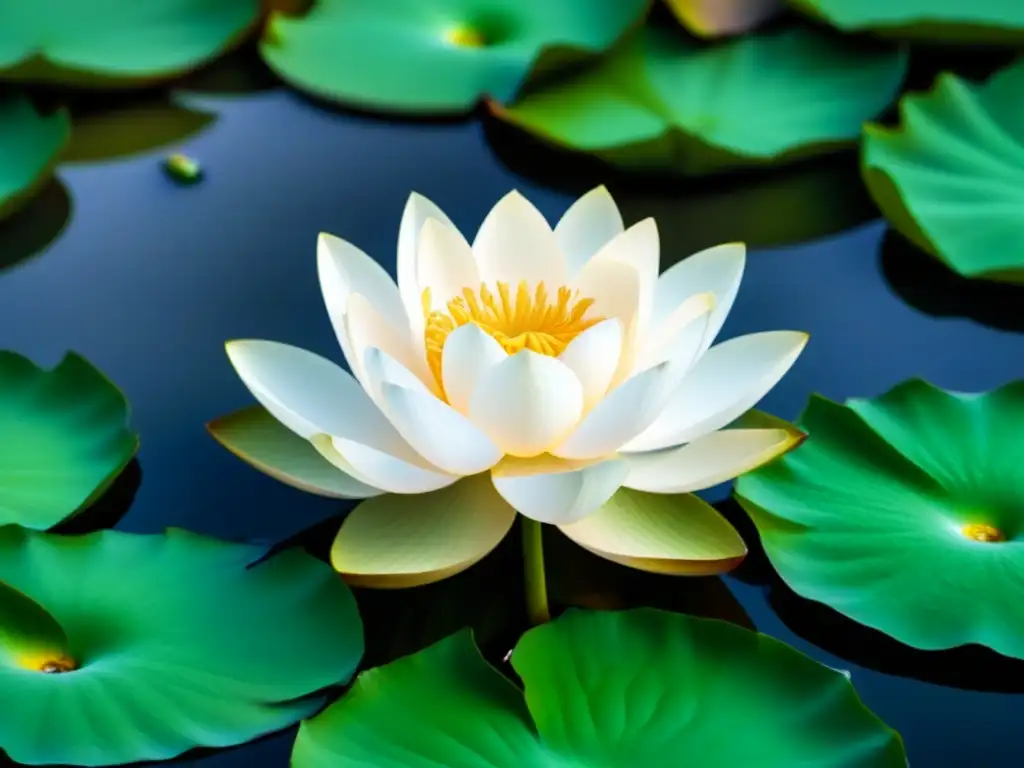 Una flor de loto blanca floreciendo en un estanque oscuro y sereno, rodeada de exuberantes hojas verdes