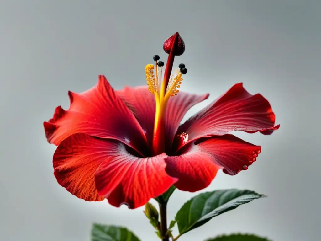 Una flor roja de hibisco con gotas de agua, símbolo de la belleza y resistencia de la naturaleza en el movimiento negritud poesía de Aimé Césaire