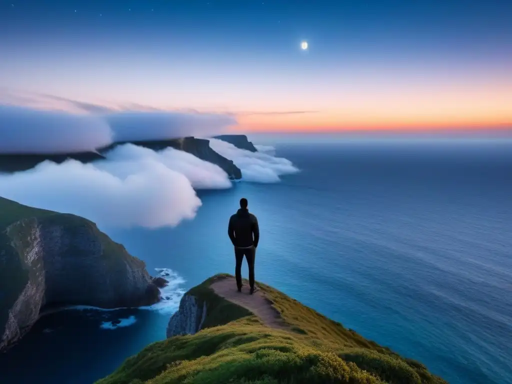 Contemplación estelar en el acantilado Reflexión y fortaleza: figura solitaria en acantilado, mirando el vasto mar bajo un cielo estrellado