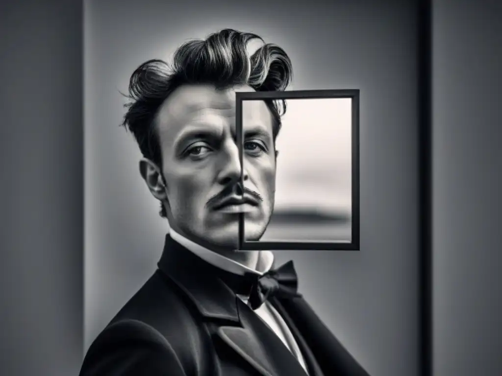 Fragmentado espejo refleja imágenes distorsionadas de poeta, evocando evolución surrealista de Arthur Rimbaud