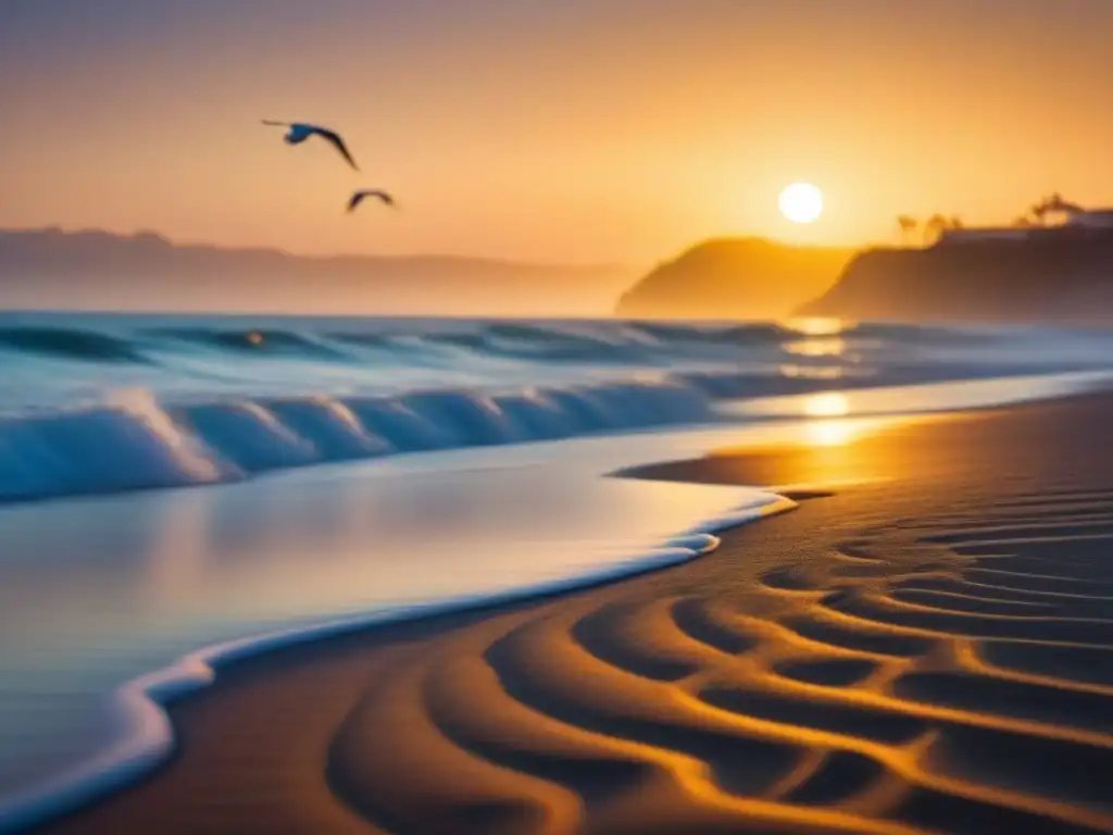 Poesía transformadora frente a erosión: playa serena al atardecer, olas acarician la arena y gaviotas en vuelo