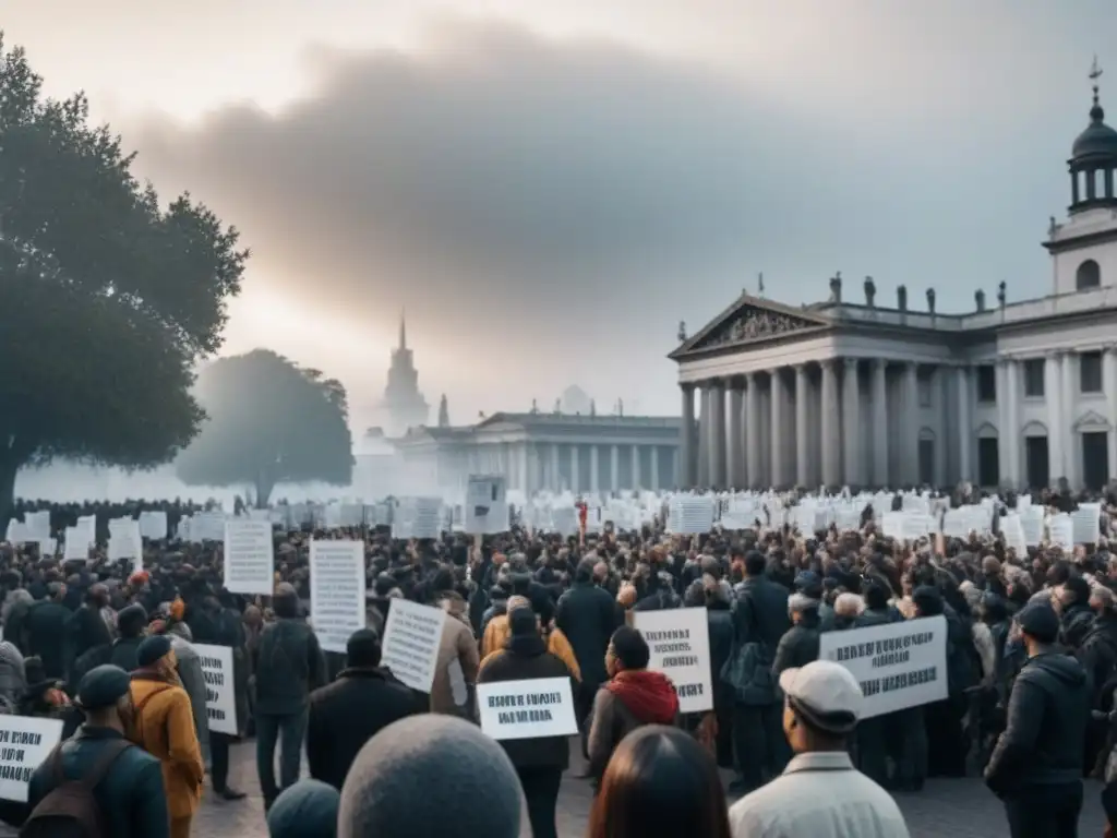 La fuerza de la poesía en movimientos sociales: Multitud unida en plaza pública con versos poderosos en carteles