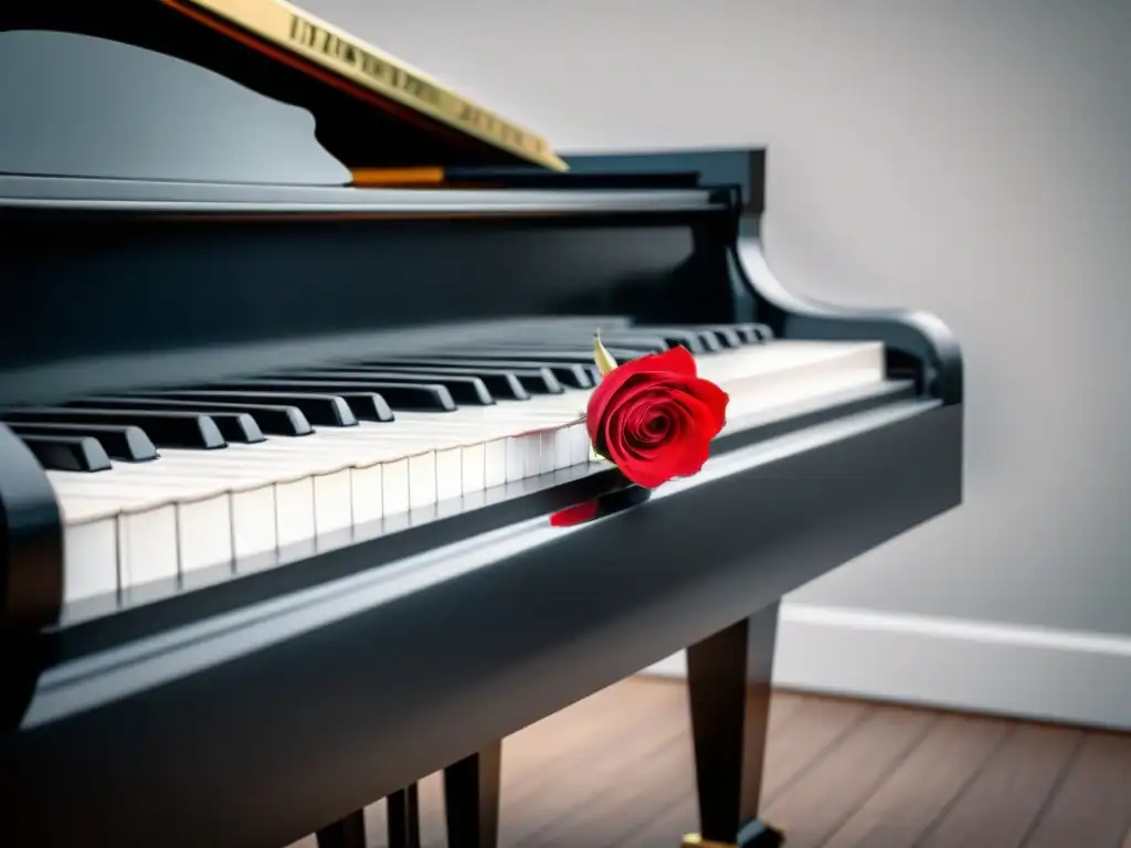 La fusión de la poesía lírica en música clásica: un piano negro y blanco con una rosa roja sobre las teclas