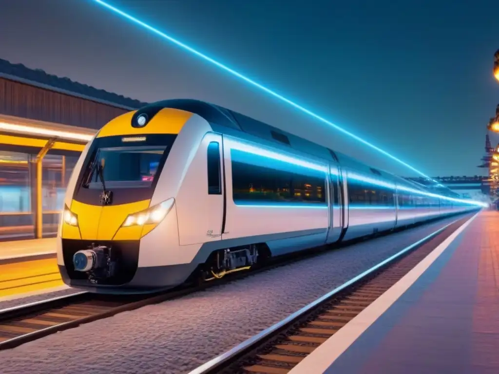 Tren futurista de neon en ciudad nocturna Futurismo en la poesía: Tren futurista brillante con luces de neón surca la ciudad nocturna
