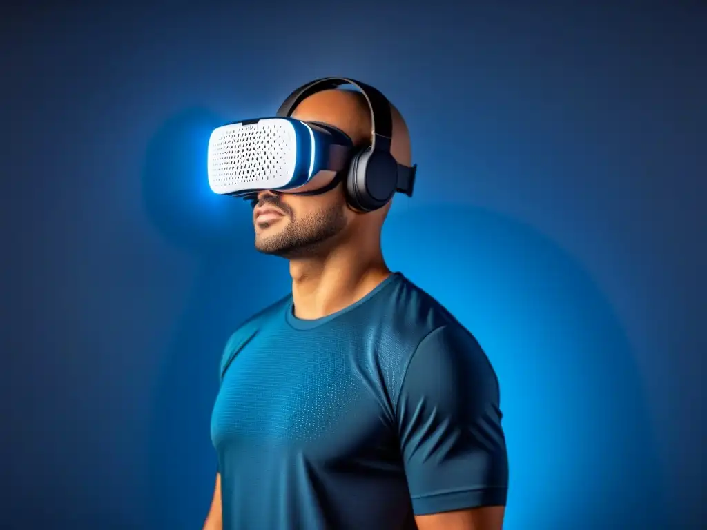 Futurista auricular de realidad virtual con patrones de circuitos, luces brillantes y ambiente azul suave, simbolizando la sinergia poesía realidad virtual