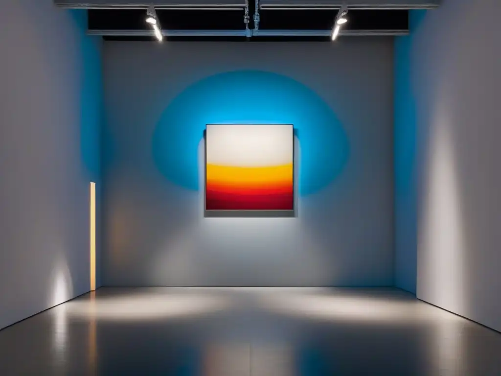 Una galería de arte moderno con pared blanca vacía bañada por una luz única, fusionando poesía y arte contemporáneo