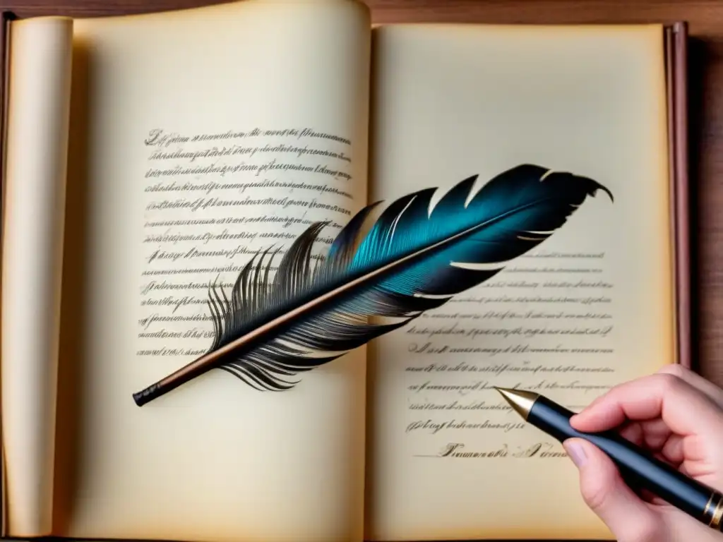 Pluma quill en papel pergamino Barroco Un genio de la poesía barroca: pluma creando caligrafía ornamental en pergamino