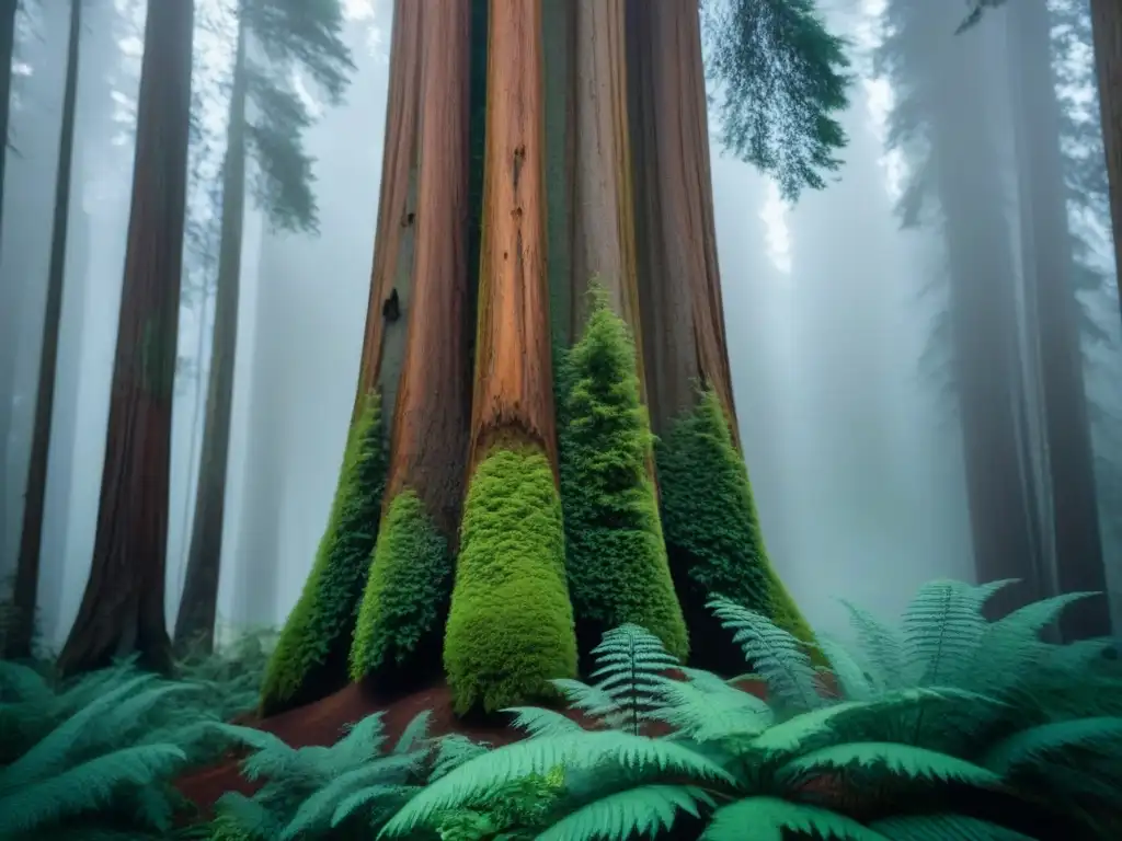 Un gigantesco árbol de secuoya se alza majestuoso en un bosque exuberante y virgen