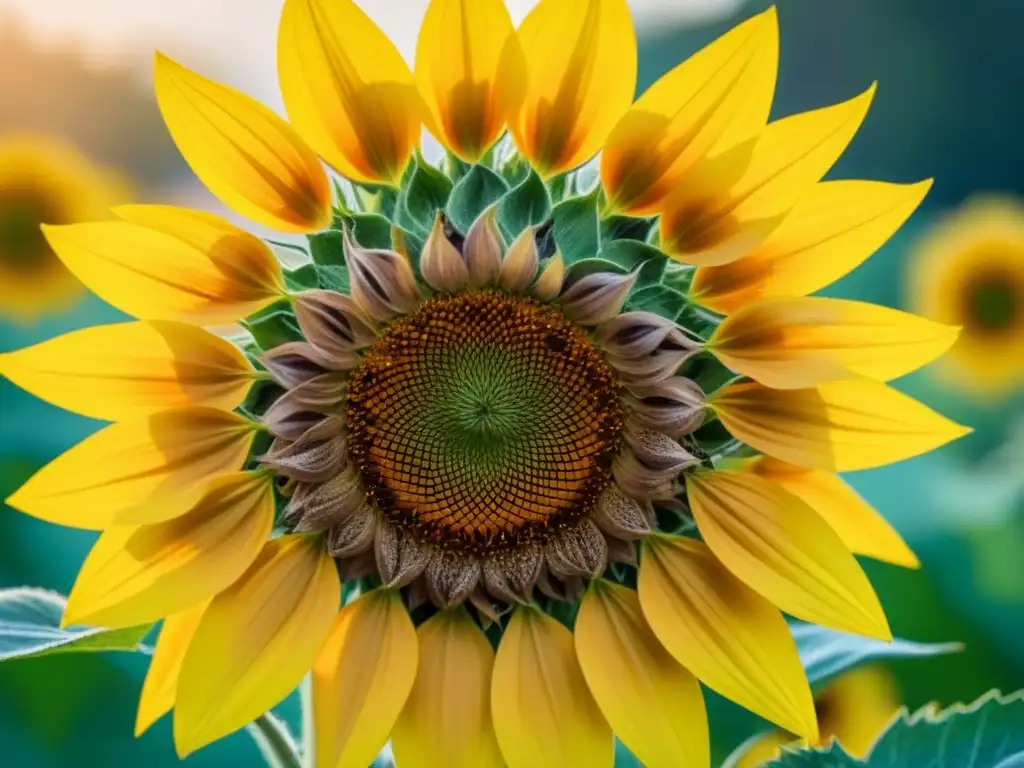 Un girasol dorado en plena floración, detallado y vibrante, simbolizando la creatividad y renovación del Sol en la poesía