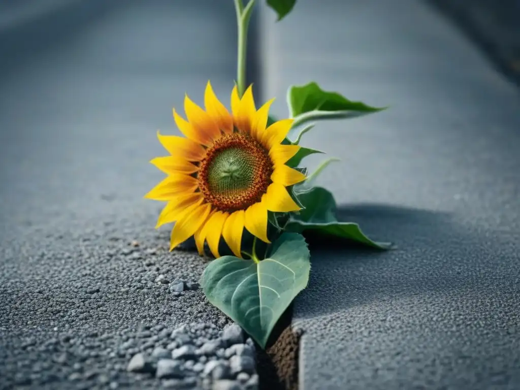 Un girasol floreciendo en grieta de concreto, poesía transformadora en tiempos difíciles