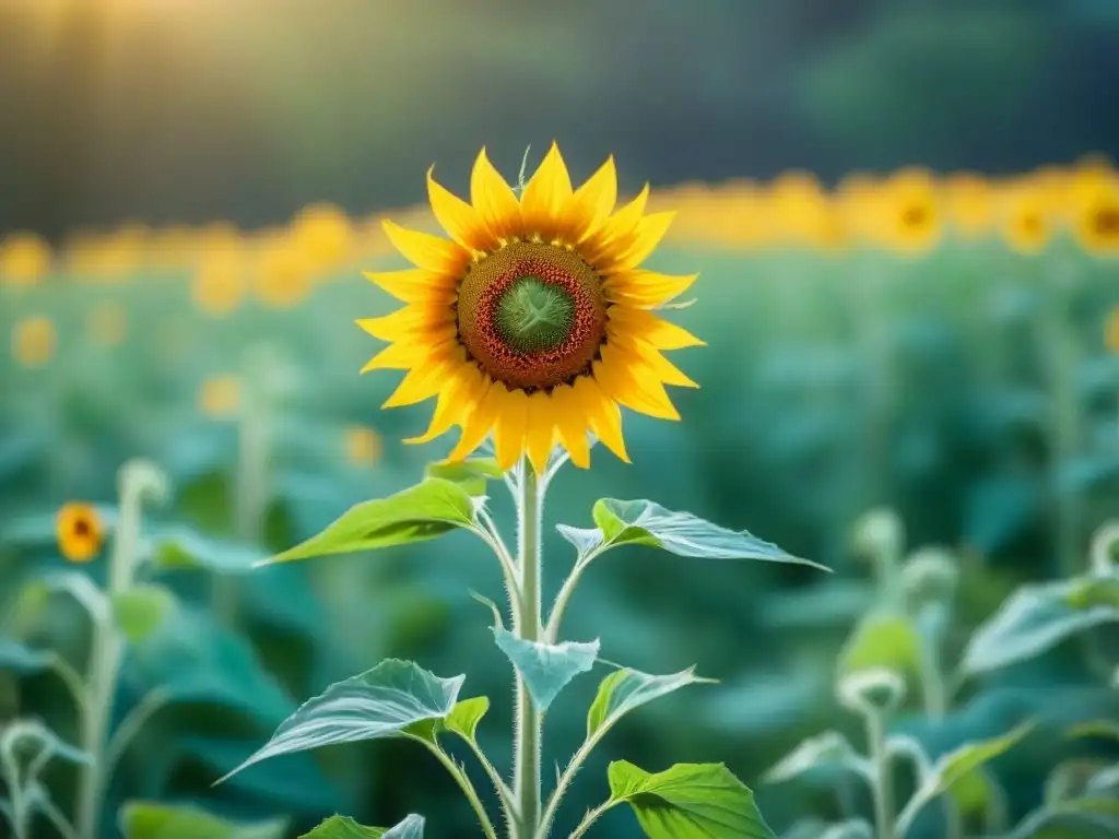 Un girasol solitario destaca en un campo verde, iluminado por el sol, simbolizando transformación a través de la poesía