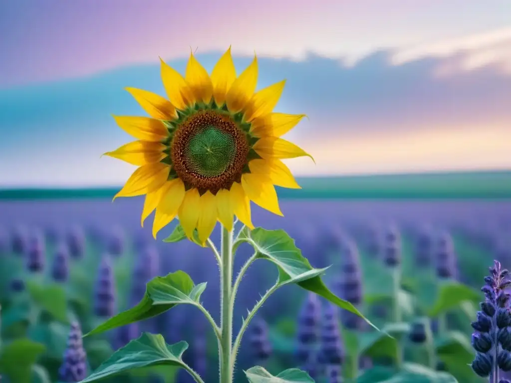 Una personificación en poesía lírica: un girasol vibrante entre nubes pastel en un campo onírico