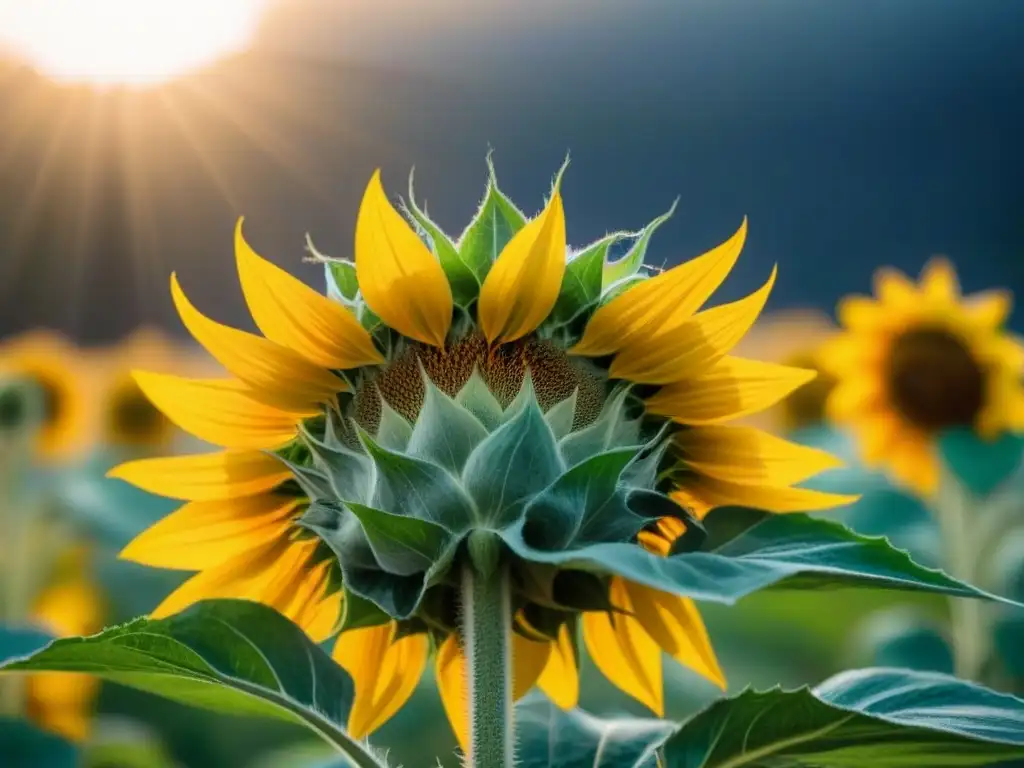 Un girasol vibrante alcanzando al sol, iluminando sus pétalos con destellos dorados, capturando la poesía solar transformadora belleza