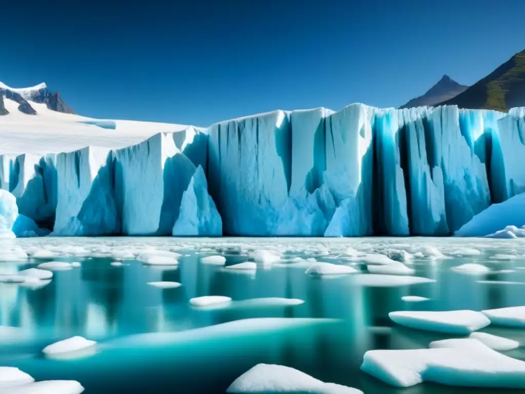 Un glaciar majestuoso se derrite lentamente bajo un sol abrasador, revelando un paisaje desértico, poesía como herramienta de conciencia