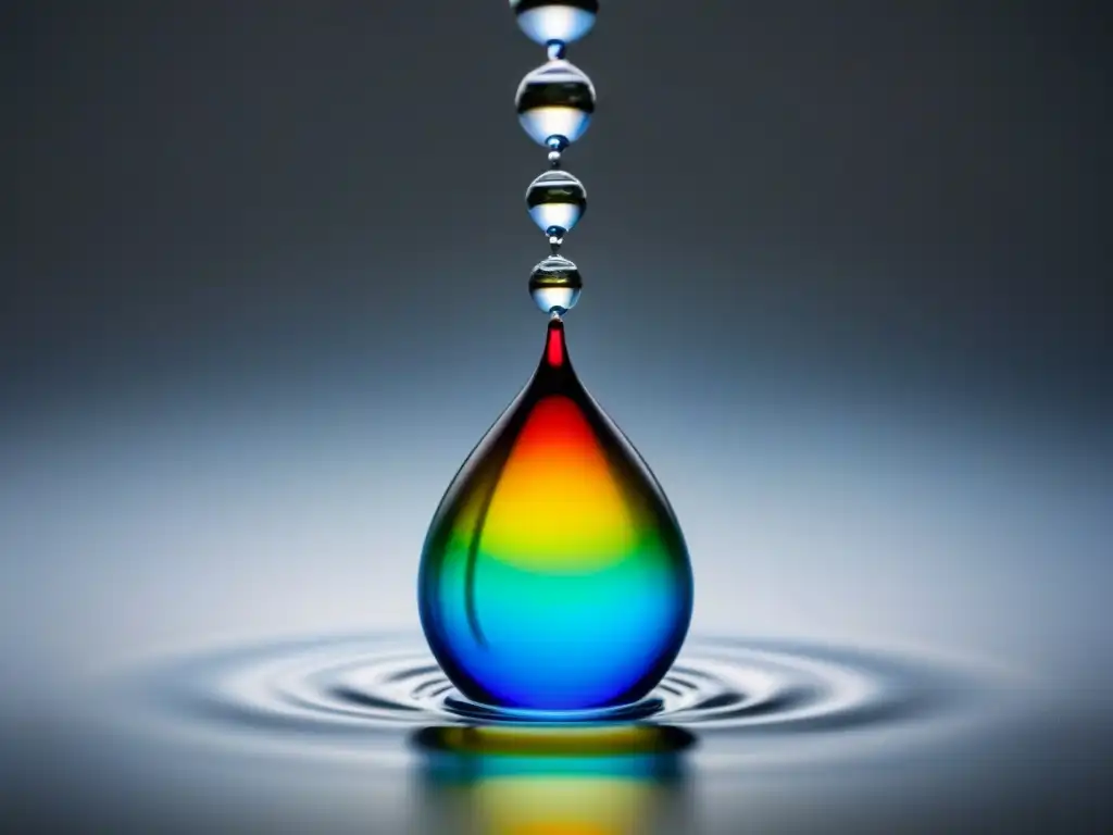 Gotas de agua: belleza en suspensión Una gota de agua refleja un arcoíris de luz, en un fondo blanco