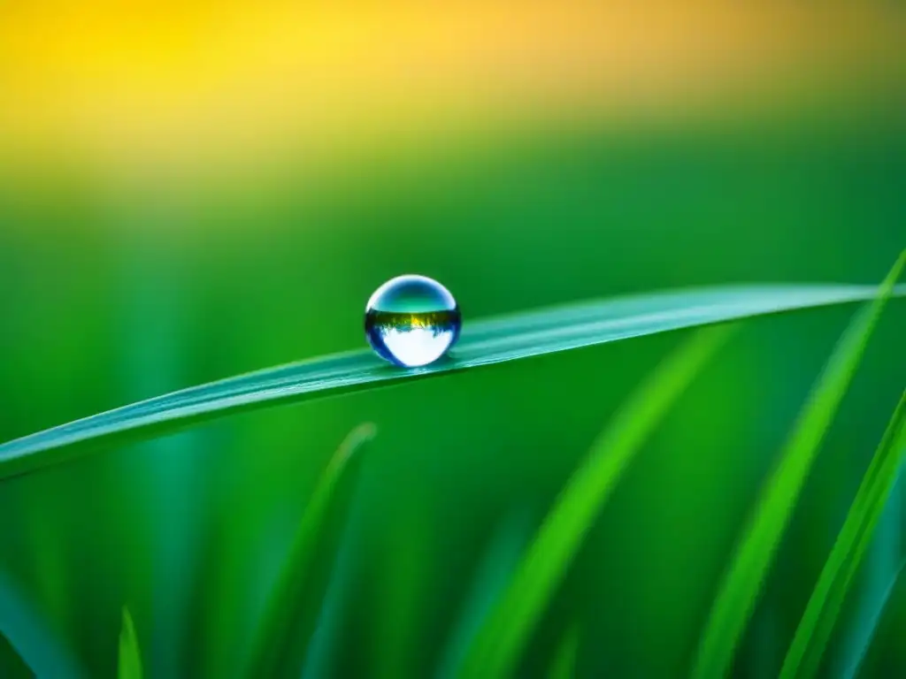 Una gota de agua sobre hierba, iluminada por la suave luz matutina, evocando poesía minimalista y transformadora