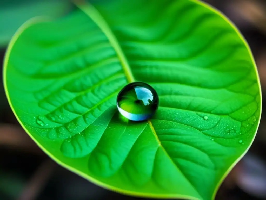 Una gota de agua en una hoja verde vibrante, reflejando su entorno