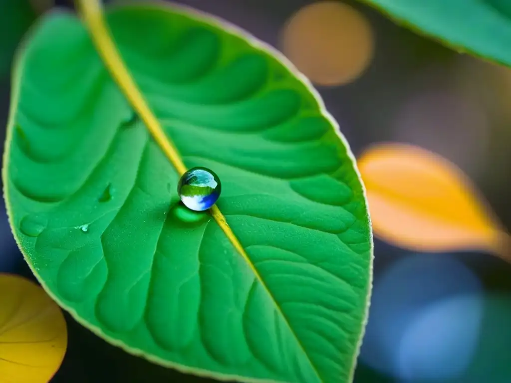 Una gota de agua en una hoja, reflejando un jardín vibrante