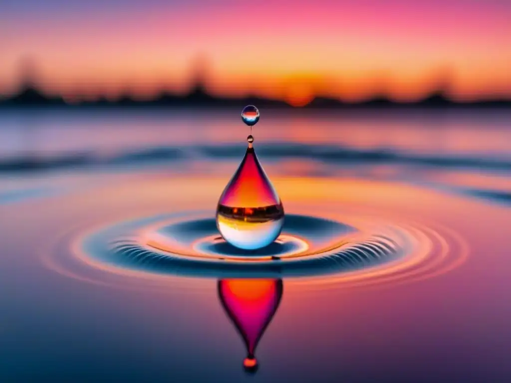 Una gota de agua suspendida en el aire, reflejando tonos rosados y naranjas de un atardecer