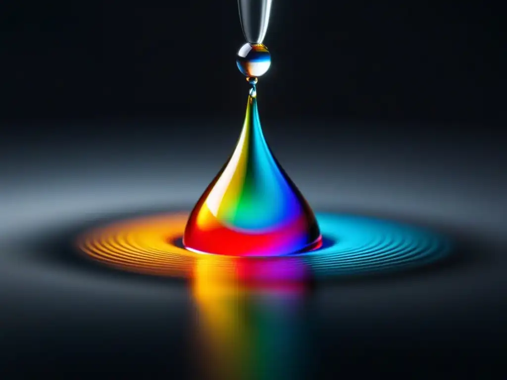 Una gota de agua suspendida, reflejando colores y luz en un fondo negro