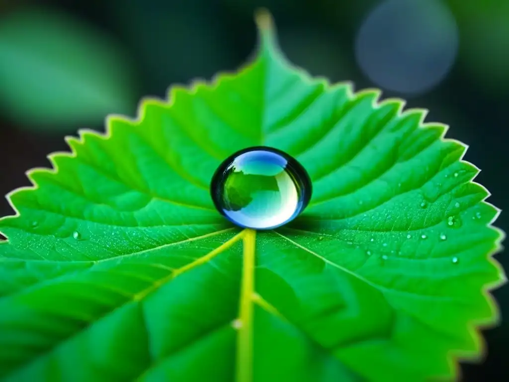 Una gota de rocío captura la belleza de una hoja verde con la resplandeciente serenidad de la naturaleza