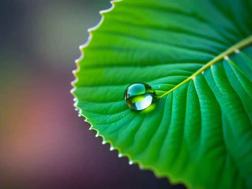 Una gota de rocío en el borde de una hoja verde, reflejando la naturaleza con precisión cristalina