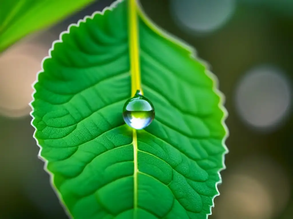 Una gota de rocío cuelga delicadamente en el borde de una hoja verde, reflejando la luz matutina y las venas de la hoja