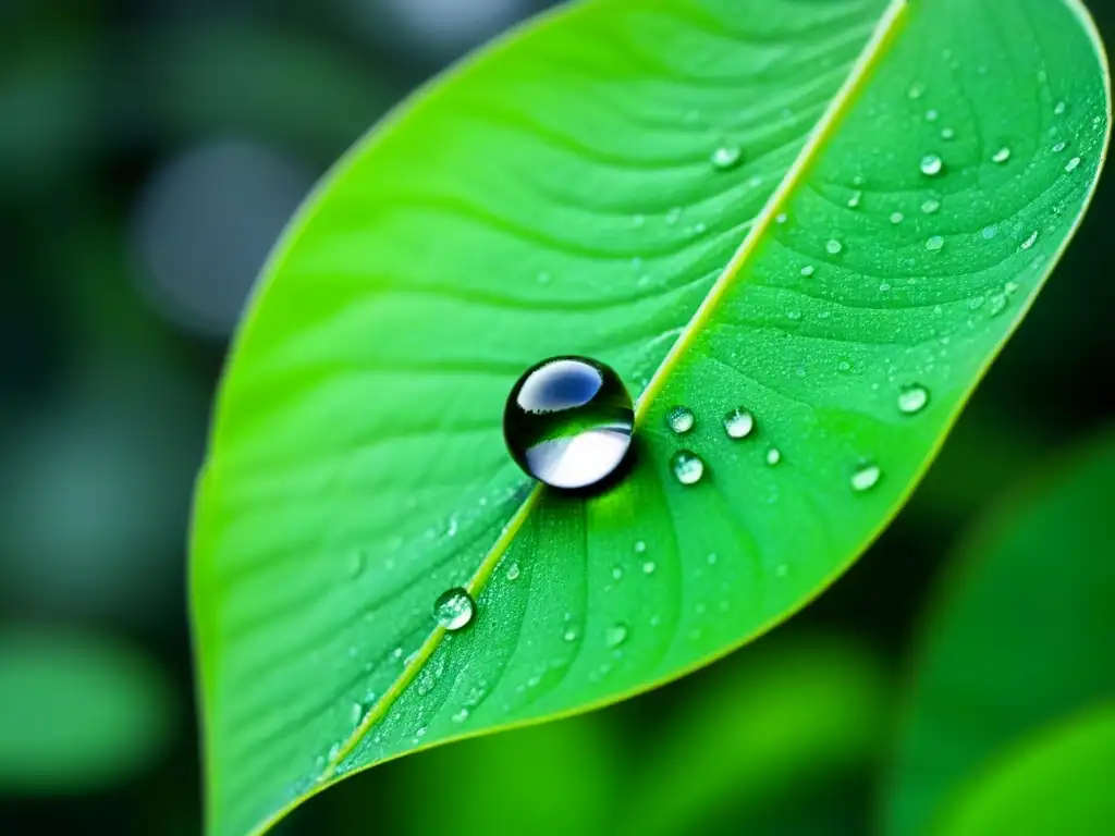 Una gota de rocío delicada cuelga de una hoja verde vibrante, reflejando el mundo al revés con claridad