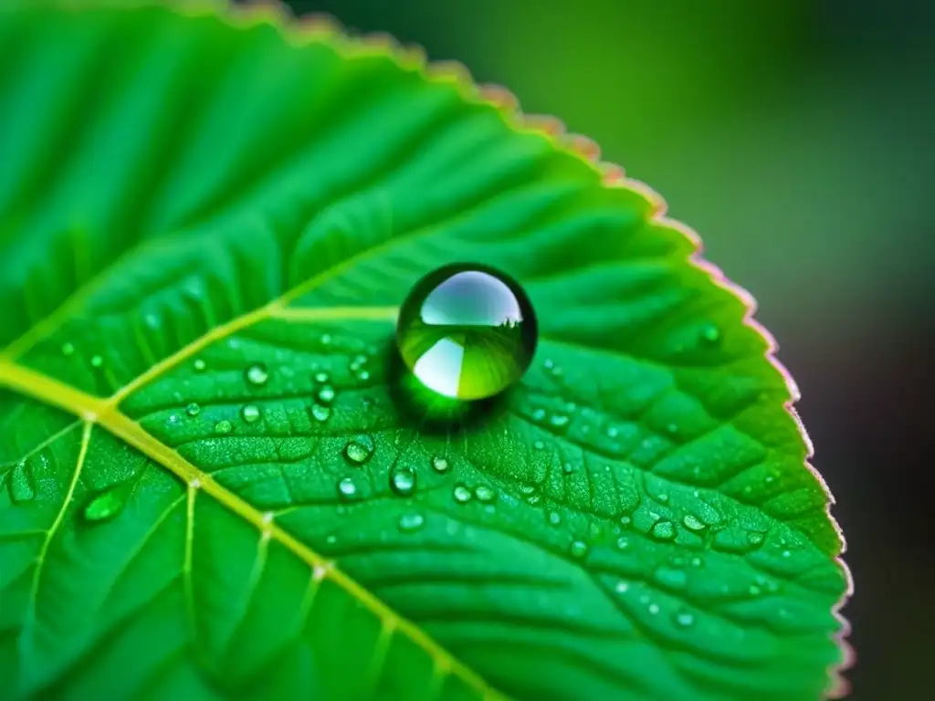 Una gota de rocío equilibrada en el borde de una hoja verde, reflejando la naturaleza y la transformación personal a través de la poesía