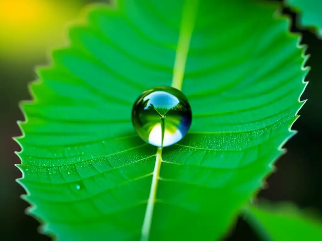 Una gota de rocío en una hoja verde, reflejando el bosque