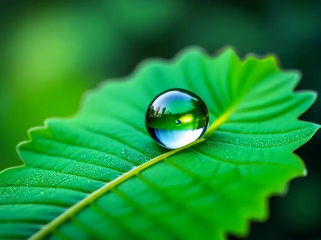 Una gota de rocío sobre una hoja verde brillante, reflejando el dosel del bosque