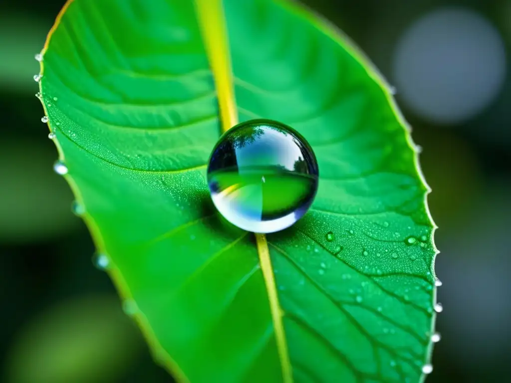 Una gota de rocío en una hoja verde, reflejando el jardín con detalle y belleza, como un poema de poesía africana contemporánea