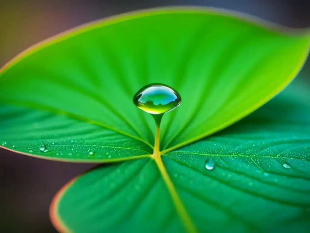 Una gota de rocío en una hoja verde, reflejando el mundo con poesía como espejo del mundo