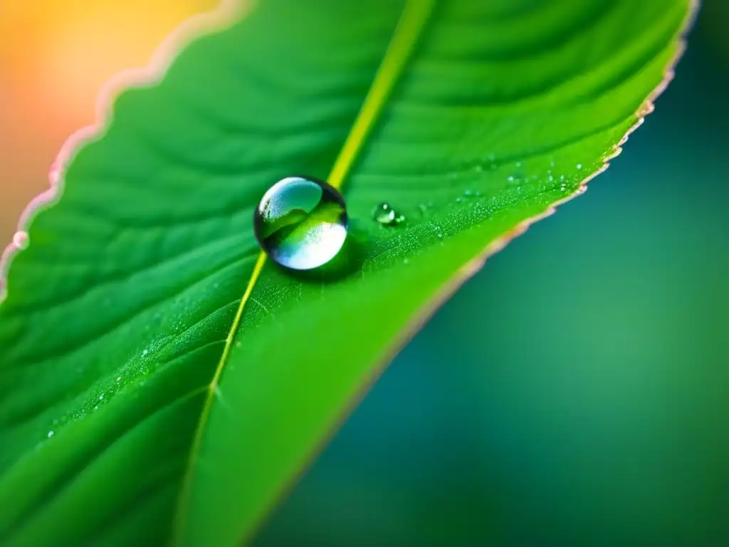 Una gota de rocío en una hoja verde, reflejando la suave luz de la mañana con belleza efímera y poesía transformadora en cada detalle