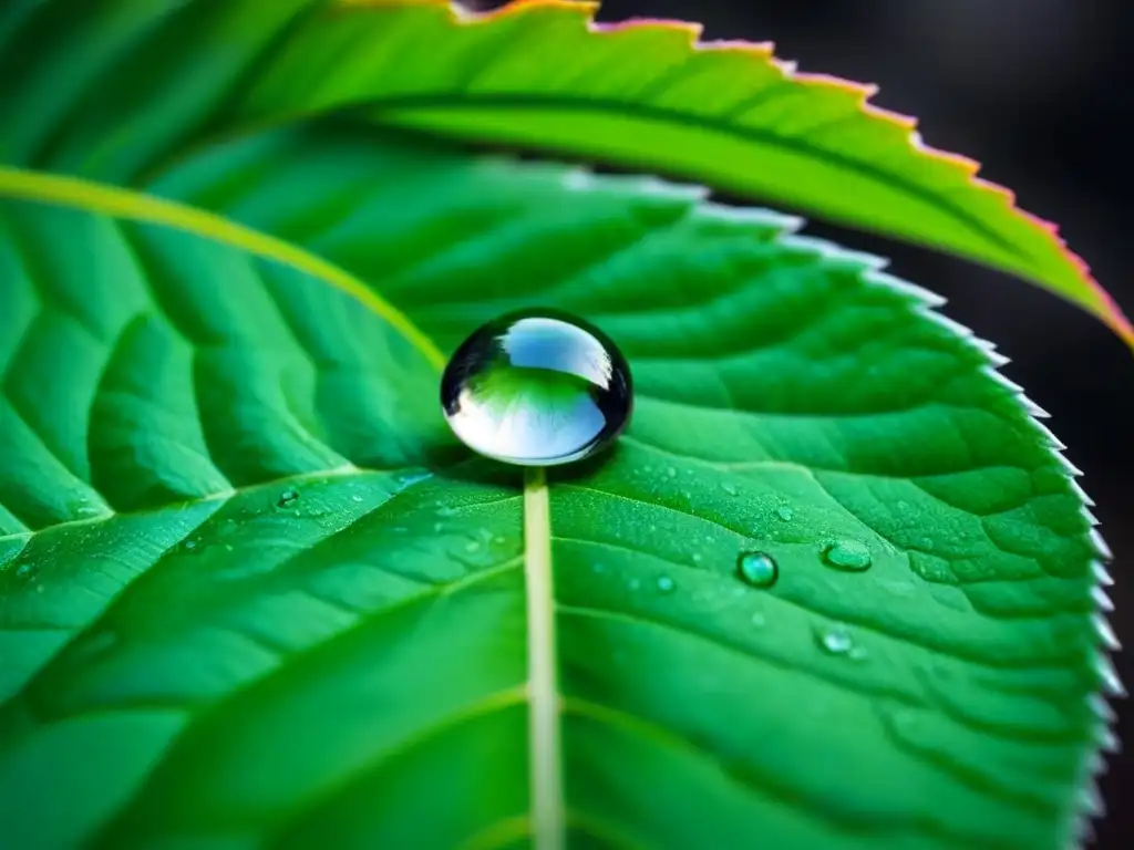 Una gota de lluvia reposa en una hoja verde vibrante, mostrando la belleza de la naturaleza con técnicas para ver el mundo