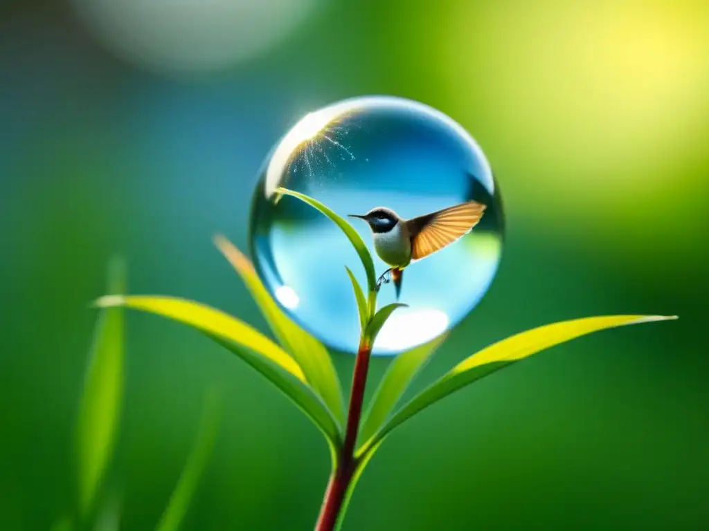 Una gota de rocío refleja un mundo en miniatura: exuberante vegetación, cielo azul y un ave en vuelo