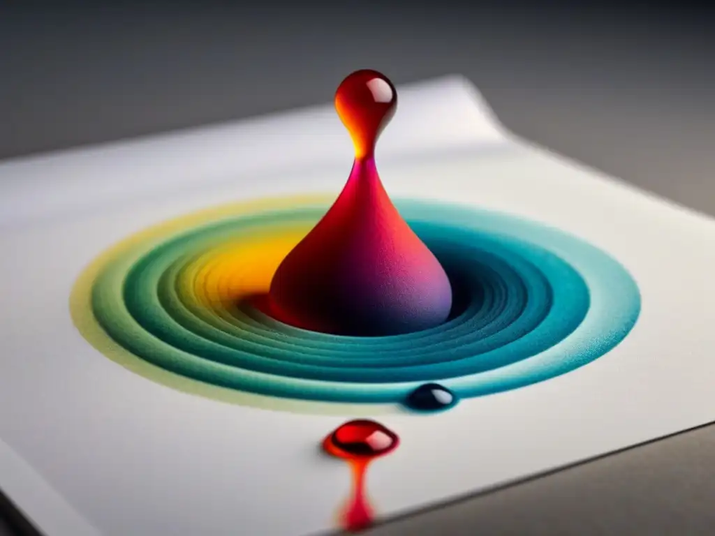 Trasformación poética: gota de tinta vibrante sobre papel Una gota de tinta vibrante se fusiona en papel texturizado, creando patrones que evocan la transformación de versos con tintas