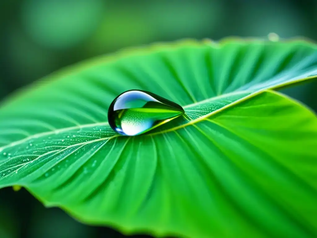 Una gota de rocío en poesía lírica: detalle vibrante de una hoja verde con gota de agua, reflejando la luz matinal