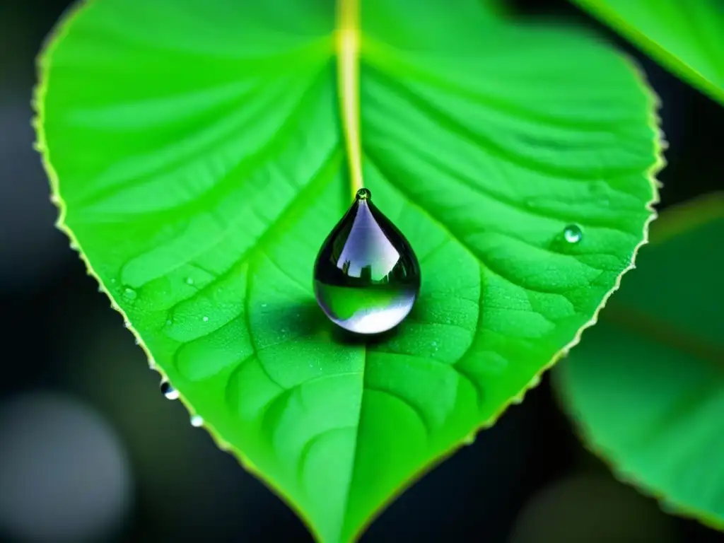 Gotas de rocío en hoja verde, reflejando el mundo al revés