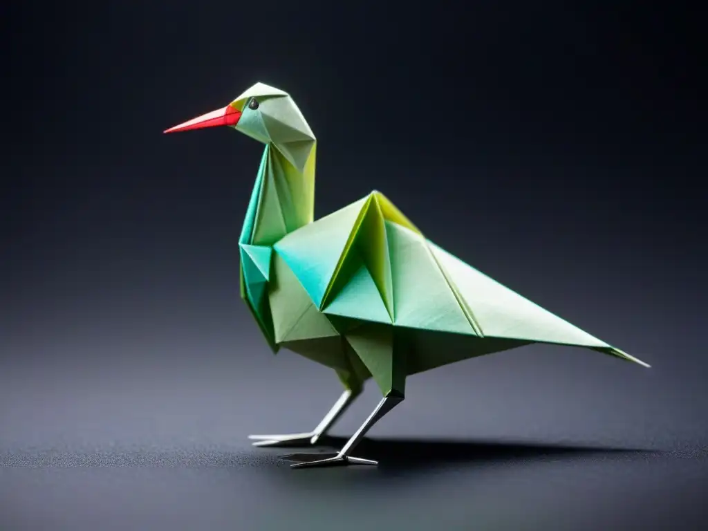 Una grulla de origami delicada e intrincada, reflejando la luz sobre papel plateado, en contraste con un fondo negro