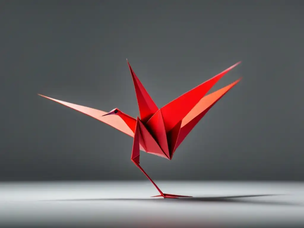 Una grulla de origami suspendida en el aire, creando una poesía visual minimalista transformadora