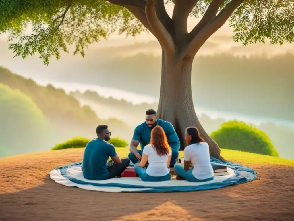 Grupo de amigos en círculo bajo un árbol, rodeados de libros y cuadernos, en un retiro poético con amigos