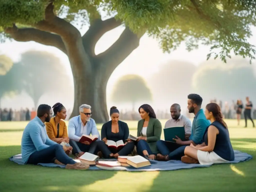 Grupo diverso bajo árbol, dialogando con libros de poesía